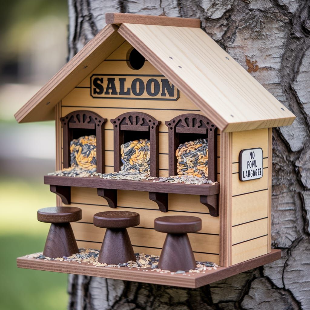 Birdhouse Saloon with "No Fowl Language" Sign