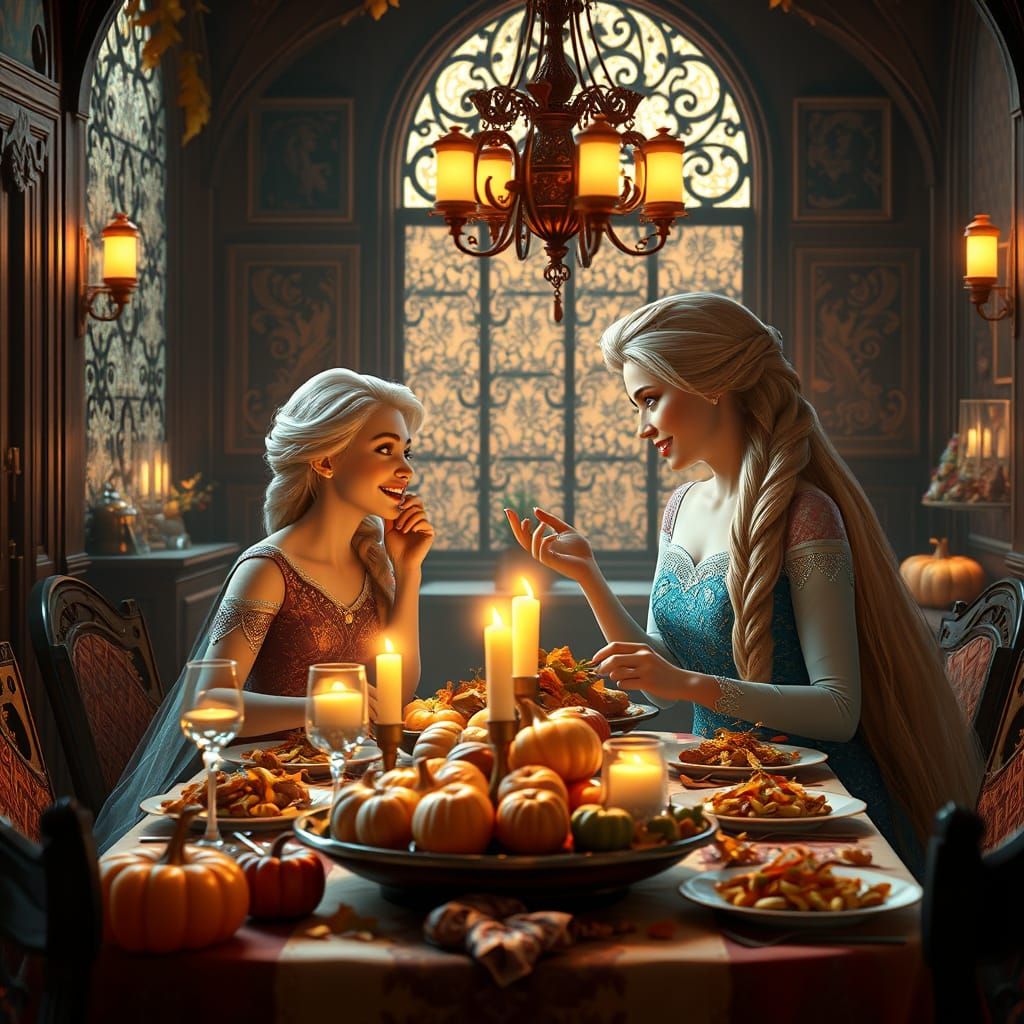 Elsa and Rapunzel Enjoy Thanksgiving Feast in Autumn Hall
