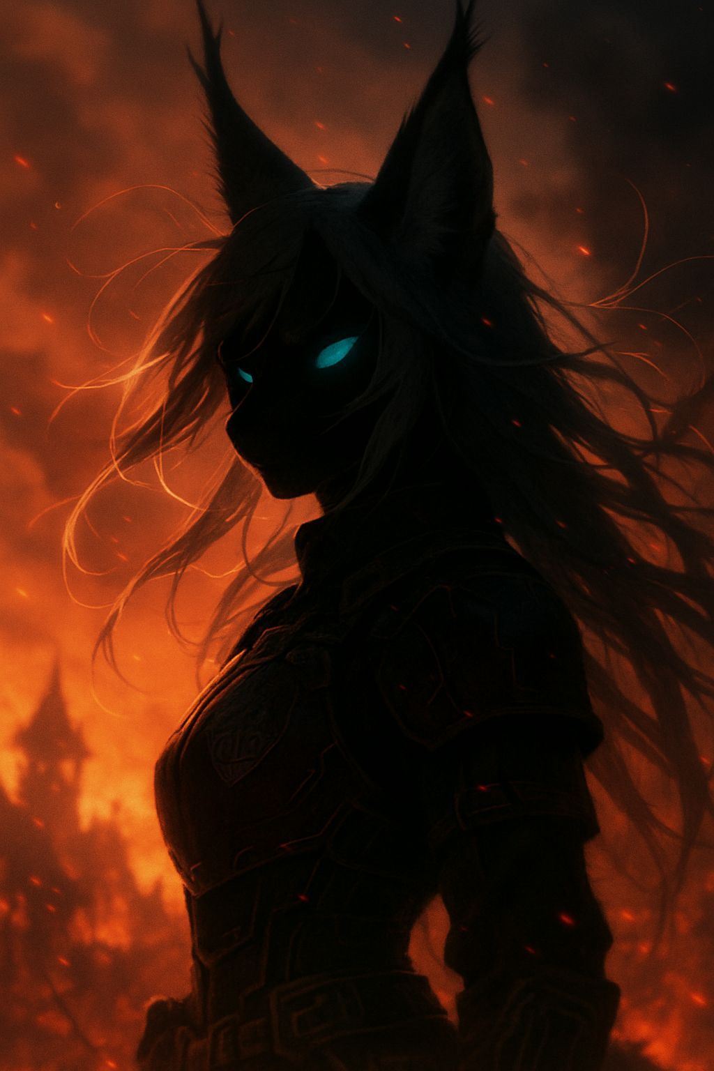 Caracal Samurai Silhouette in Burning Village: Anime Fusion