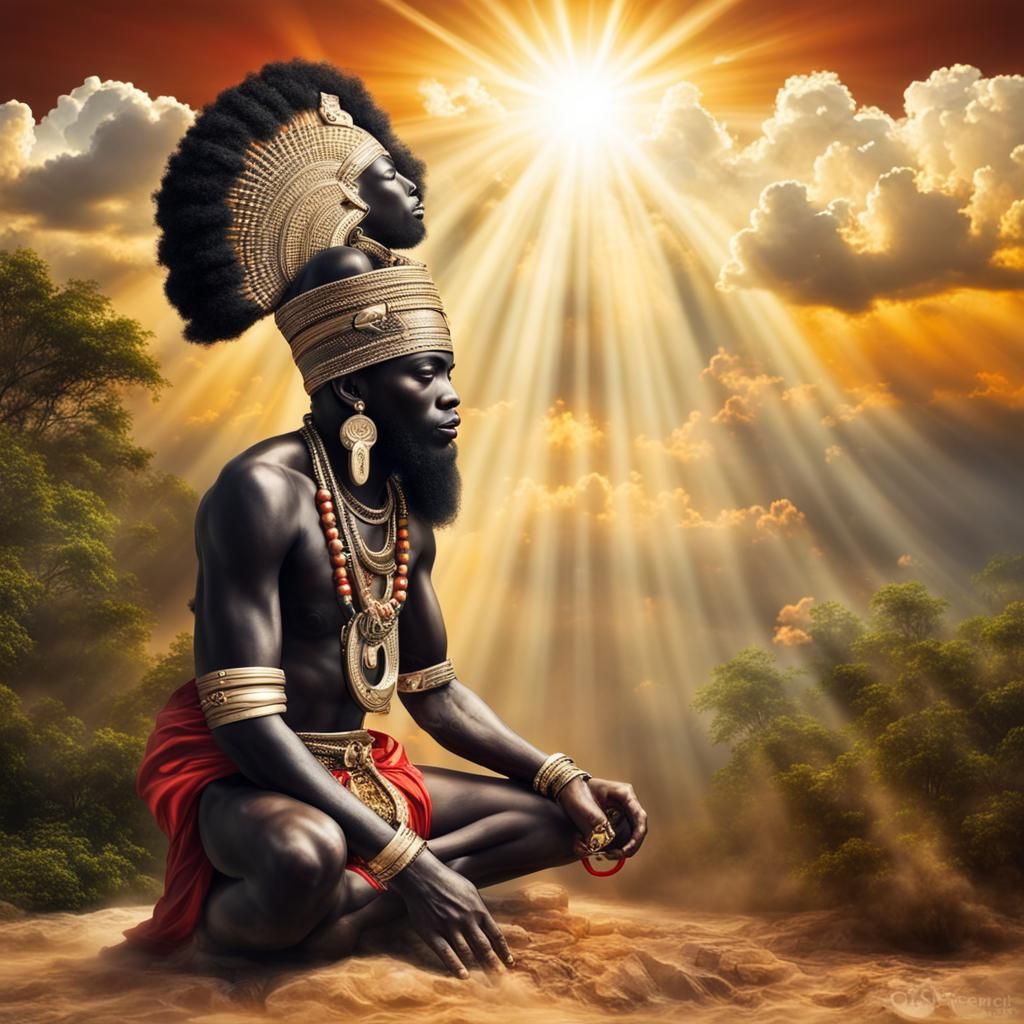 Black God Shango in Exotic African Landscape