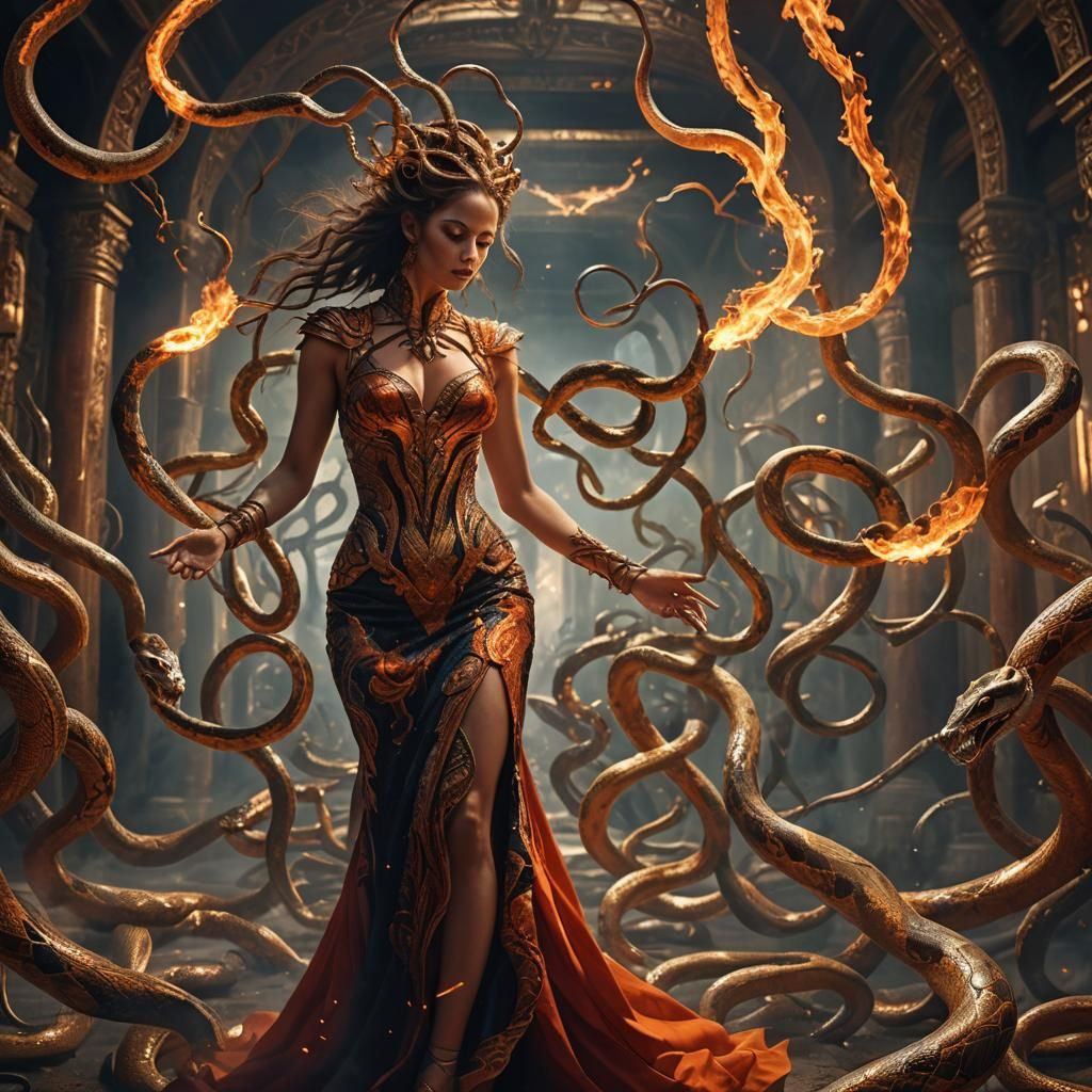 Dancer with Snakes and Flame Dress