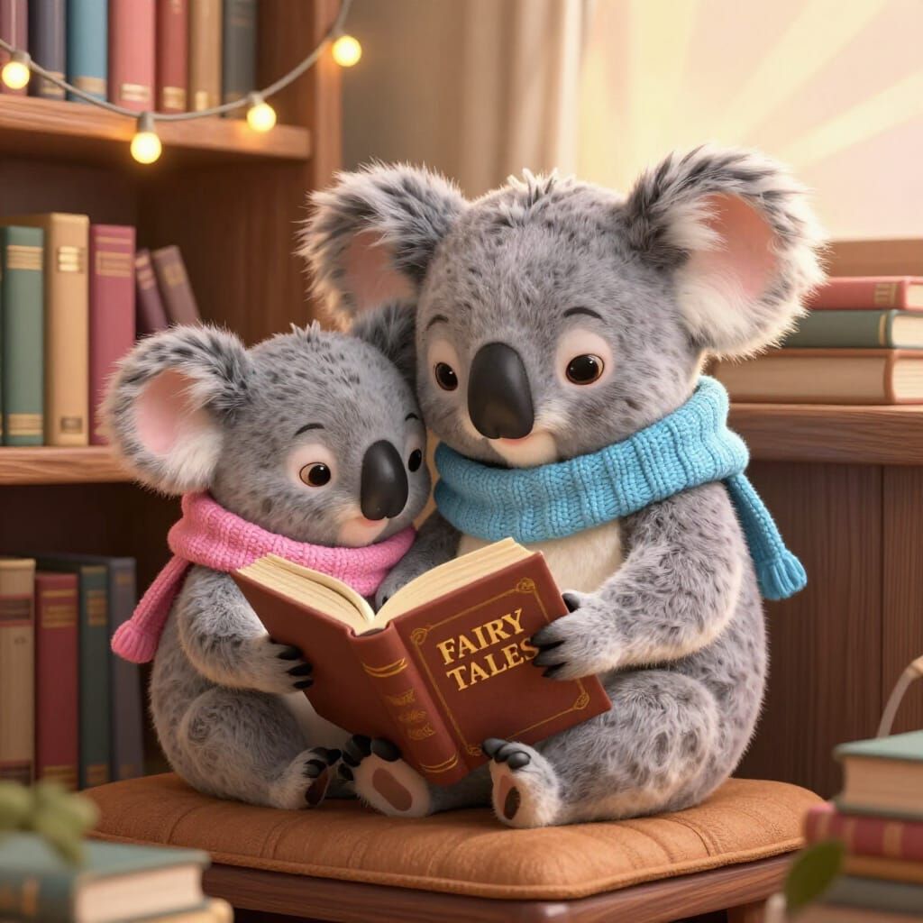 Cozy Koala Library Scene in Storybook Style