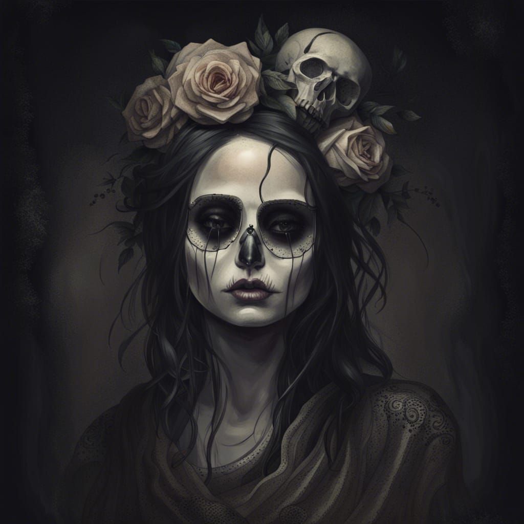 Gothic Woman with Skull Expressing Sadness