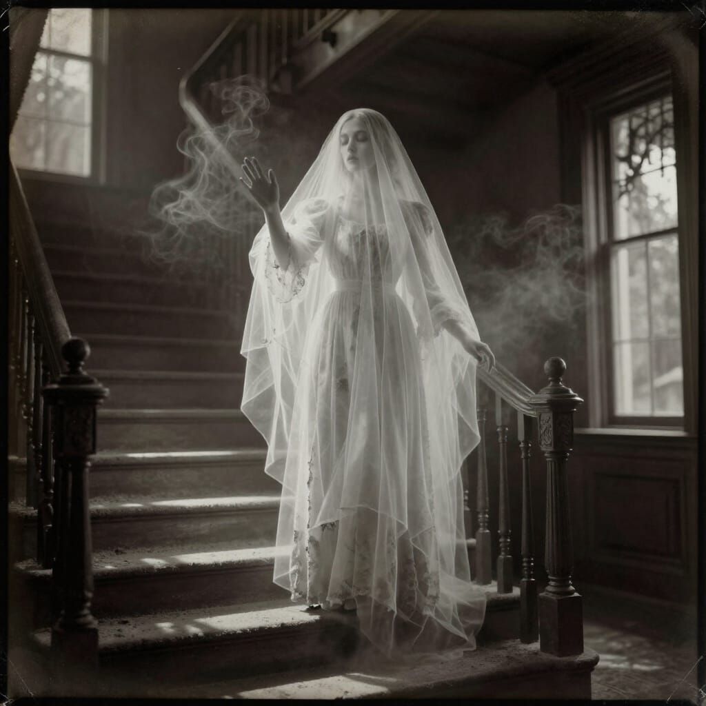 Ghostly Victorian Apparition on Haunted Staircase