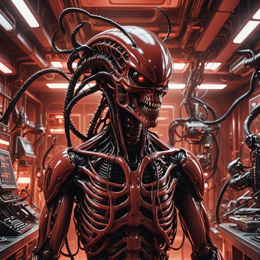 Venomous Cyberpunk Creature in Red Laboratory