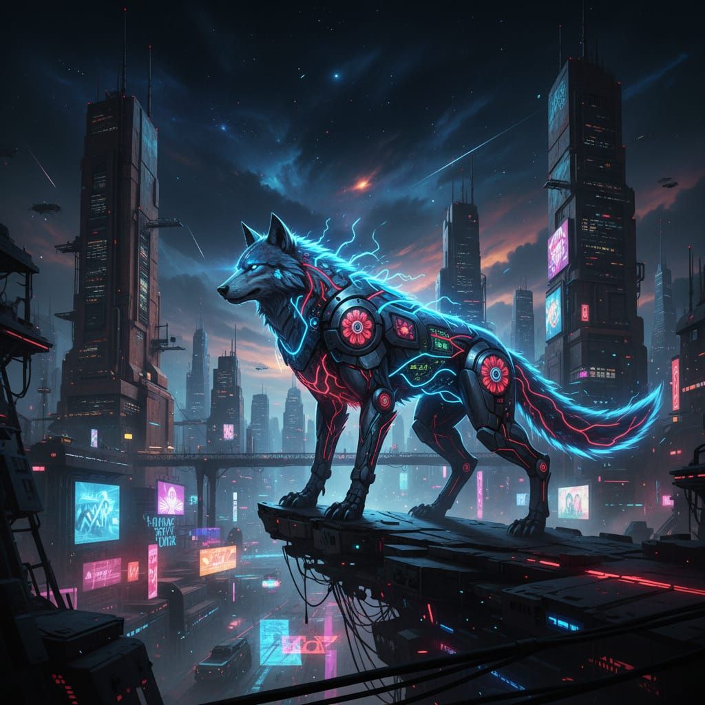 Cyberpunk Wolf in Neon Lights | Futuristic Art