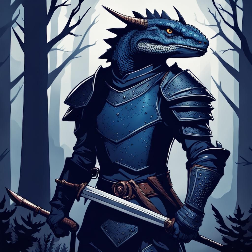 Lizard Warrior in Dark Comic Style Forest