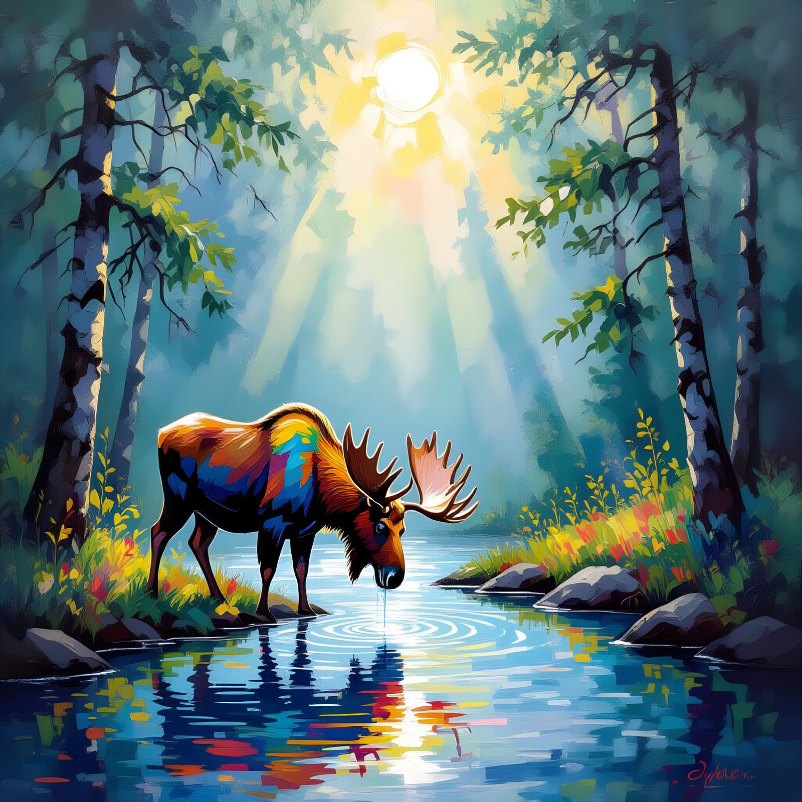 Rainbow Moose in Forest: Neo-Impressionist Oil Painting
