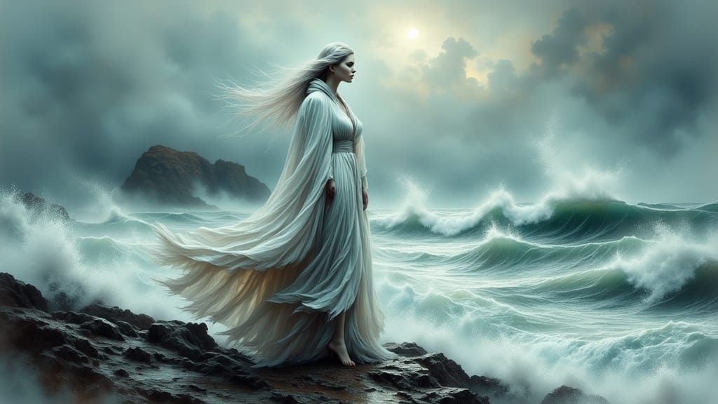 Ethereal Woman Faces Stormy Sea in Watercolor Style