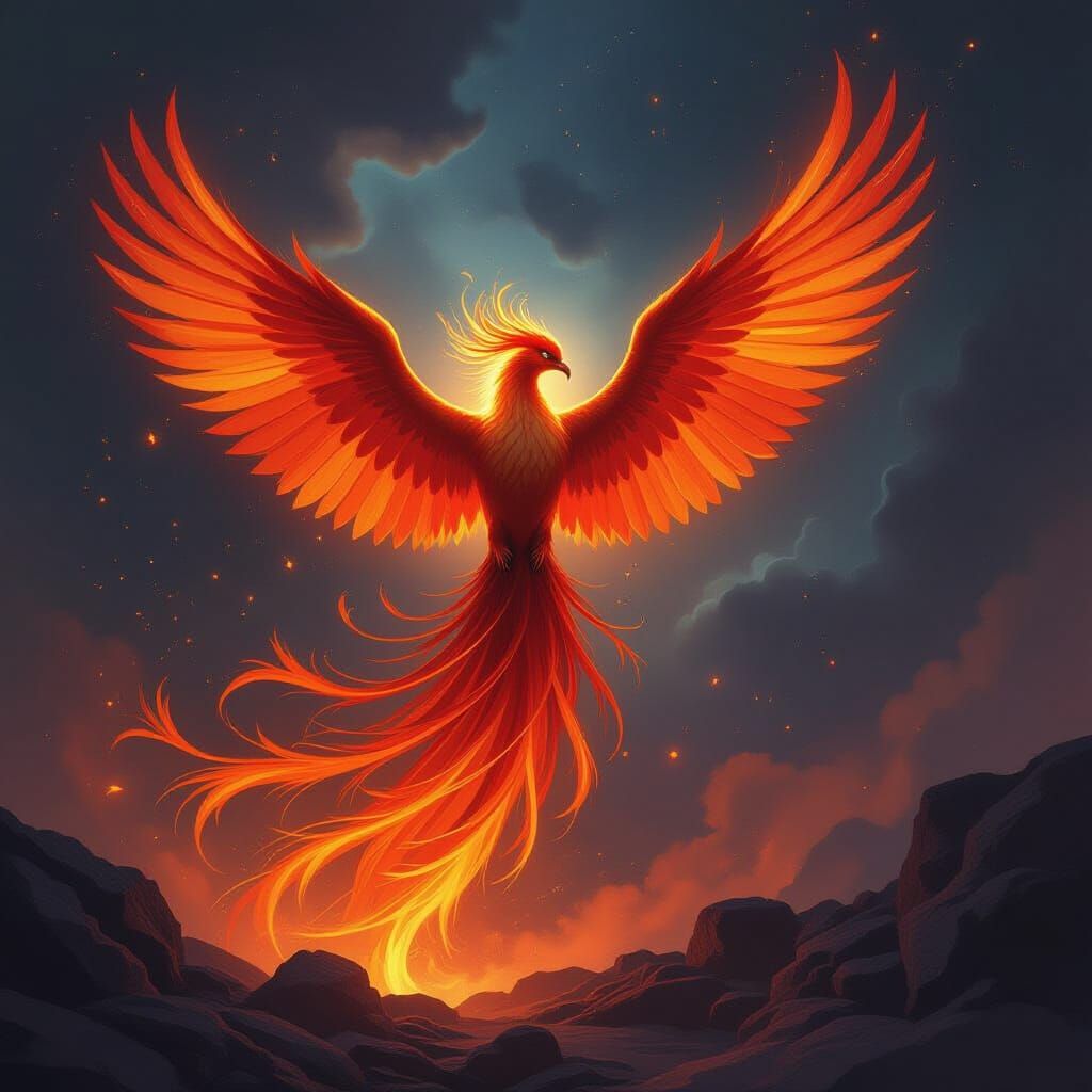 Majestic Phoenix Rises from Ashes in Fiery Nebula