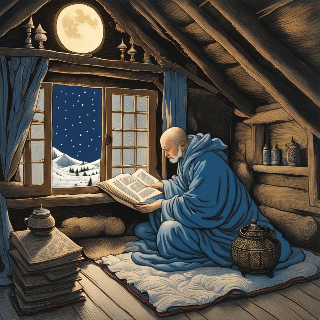 Monk in a tattered robe lying on a tatami mat in a small hut...