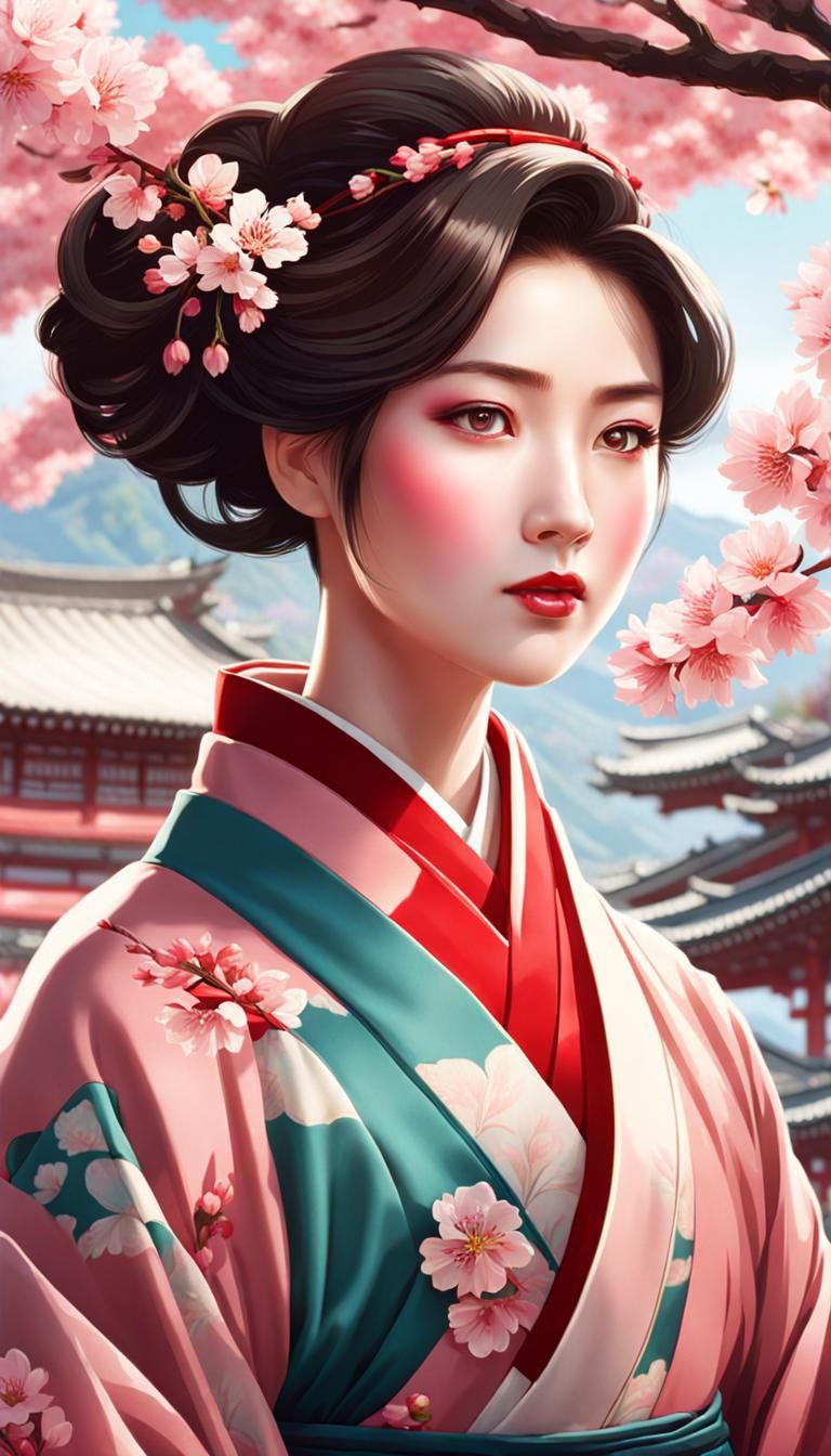 Art Nouveau Poster of Korean Woman with Cherry Blossoms