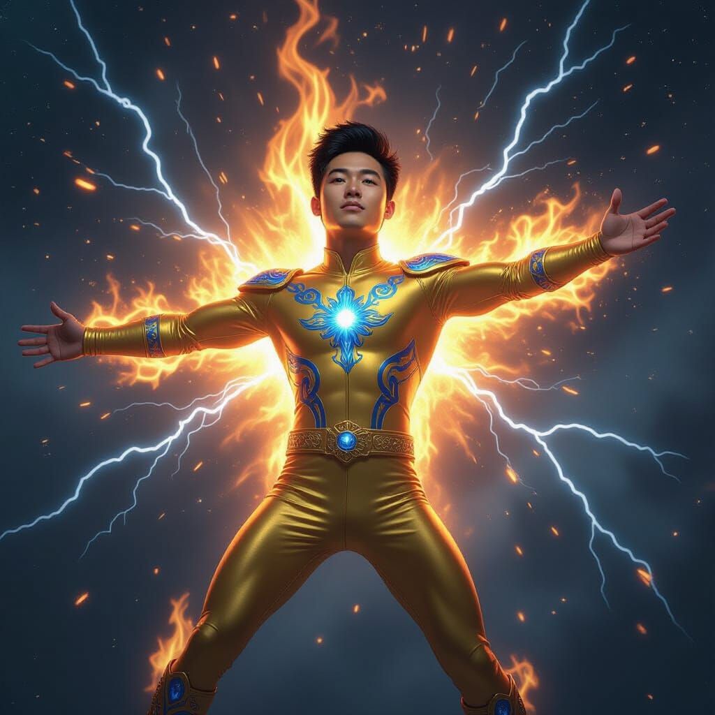 Astronaut Radiating Energy in Fiery Outer Space