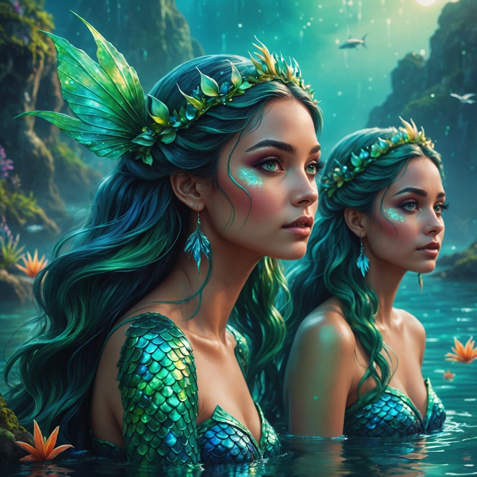 Vibrant Mermaids with Sparkling Tails: Cosmic Illustration