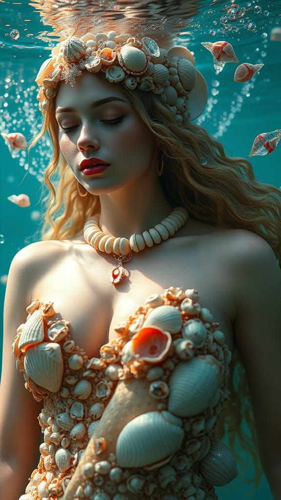 Underwater Nymph in Sea Shells: Photorealistic Digital Art