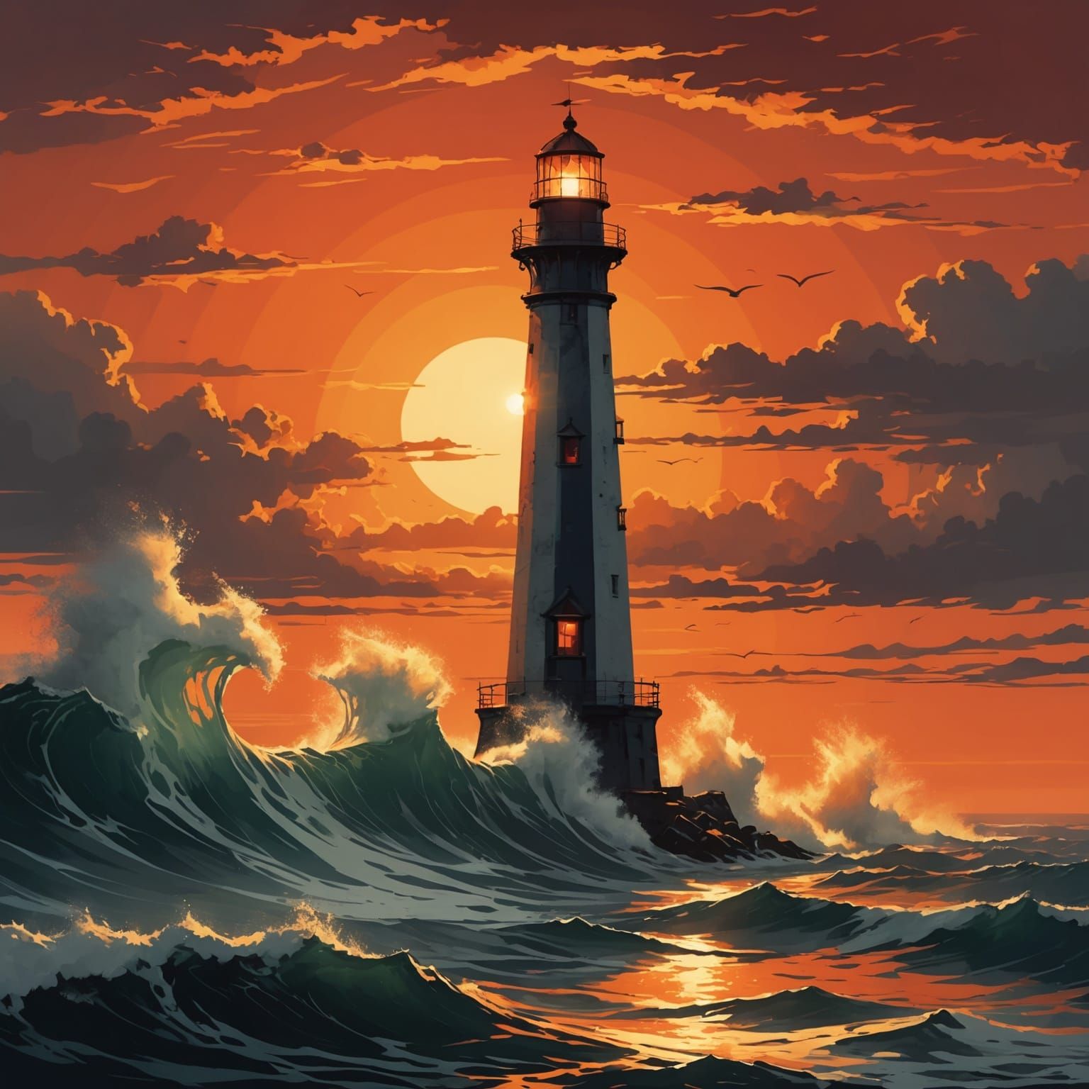 Pacific Lighthouse at Sunrise in Marine Art Style