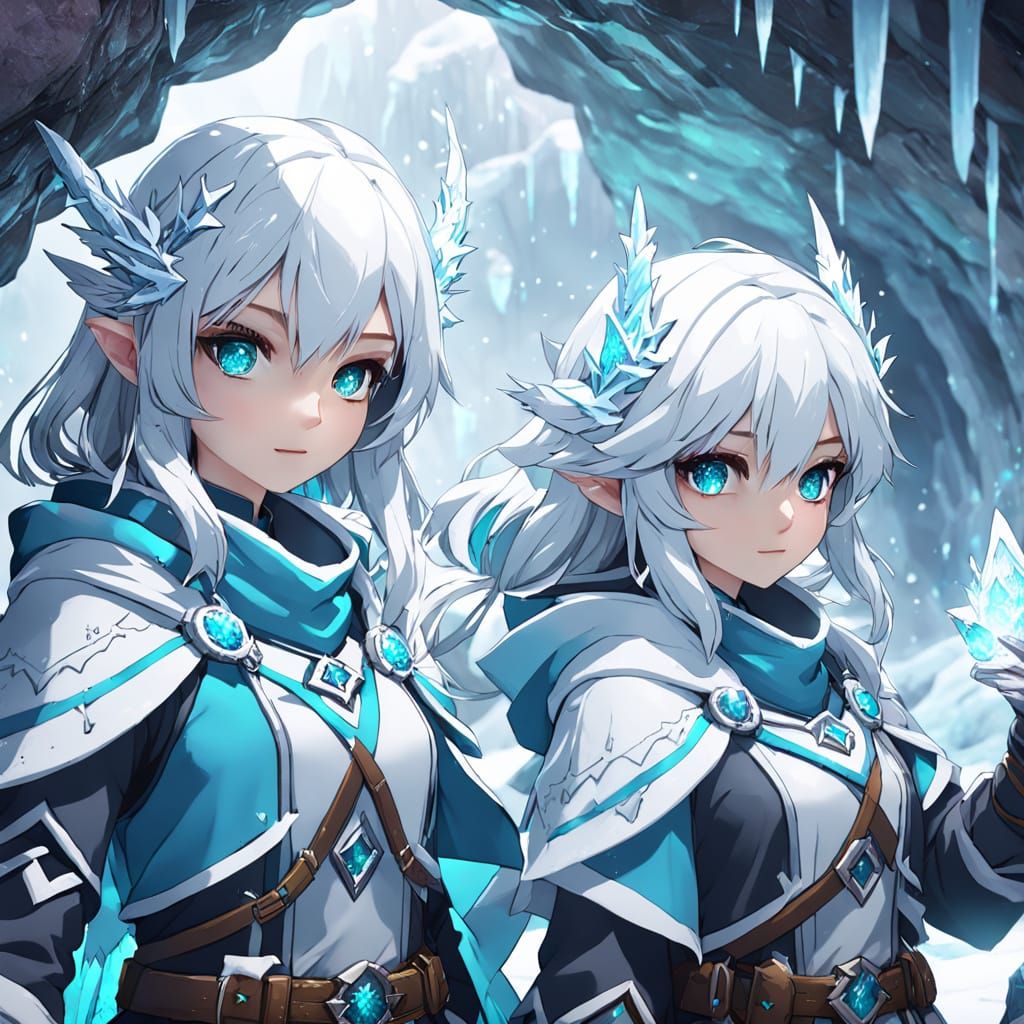 Frost Wizards Explore Frozen Cave in Anime Style