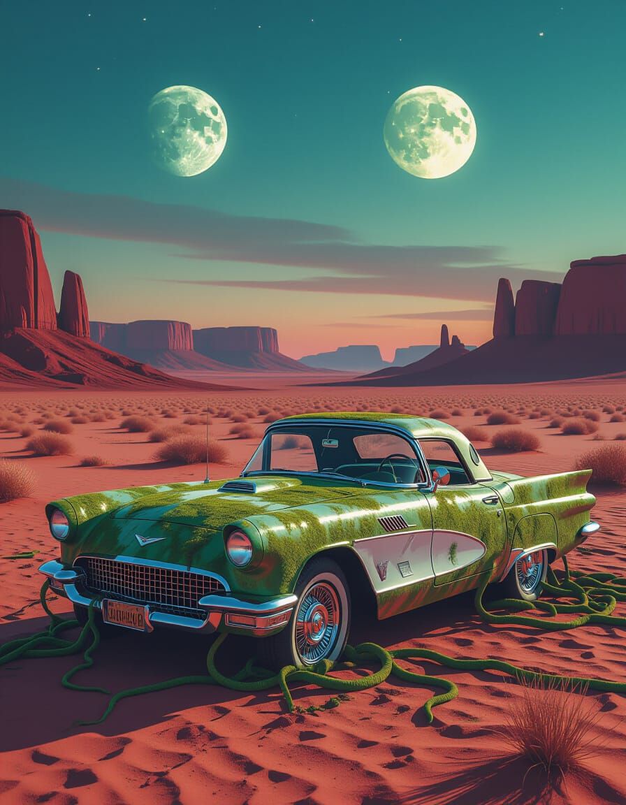 Abandoned Corvette in Alien Desert with Two Moons