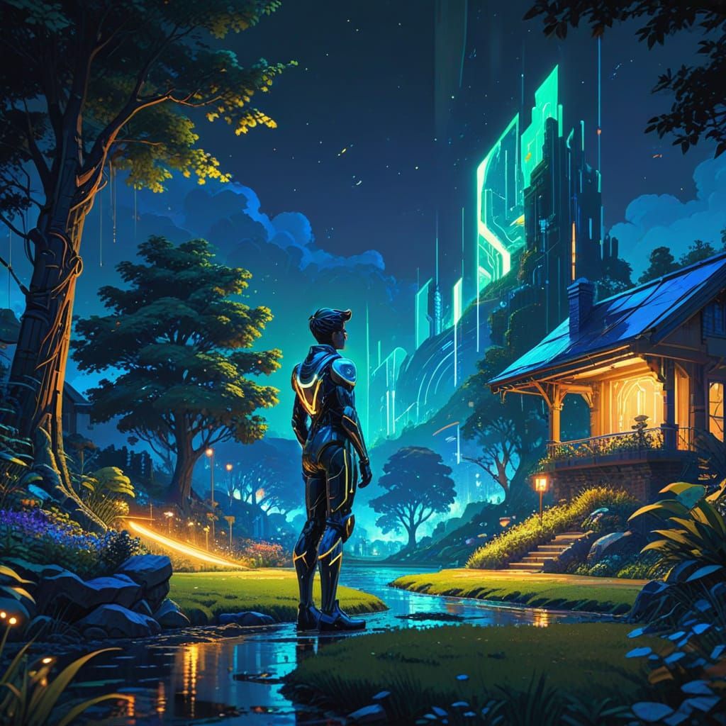 Aetherpunk Figure Beside Village Green in Pixel Art