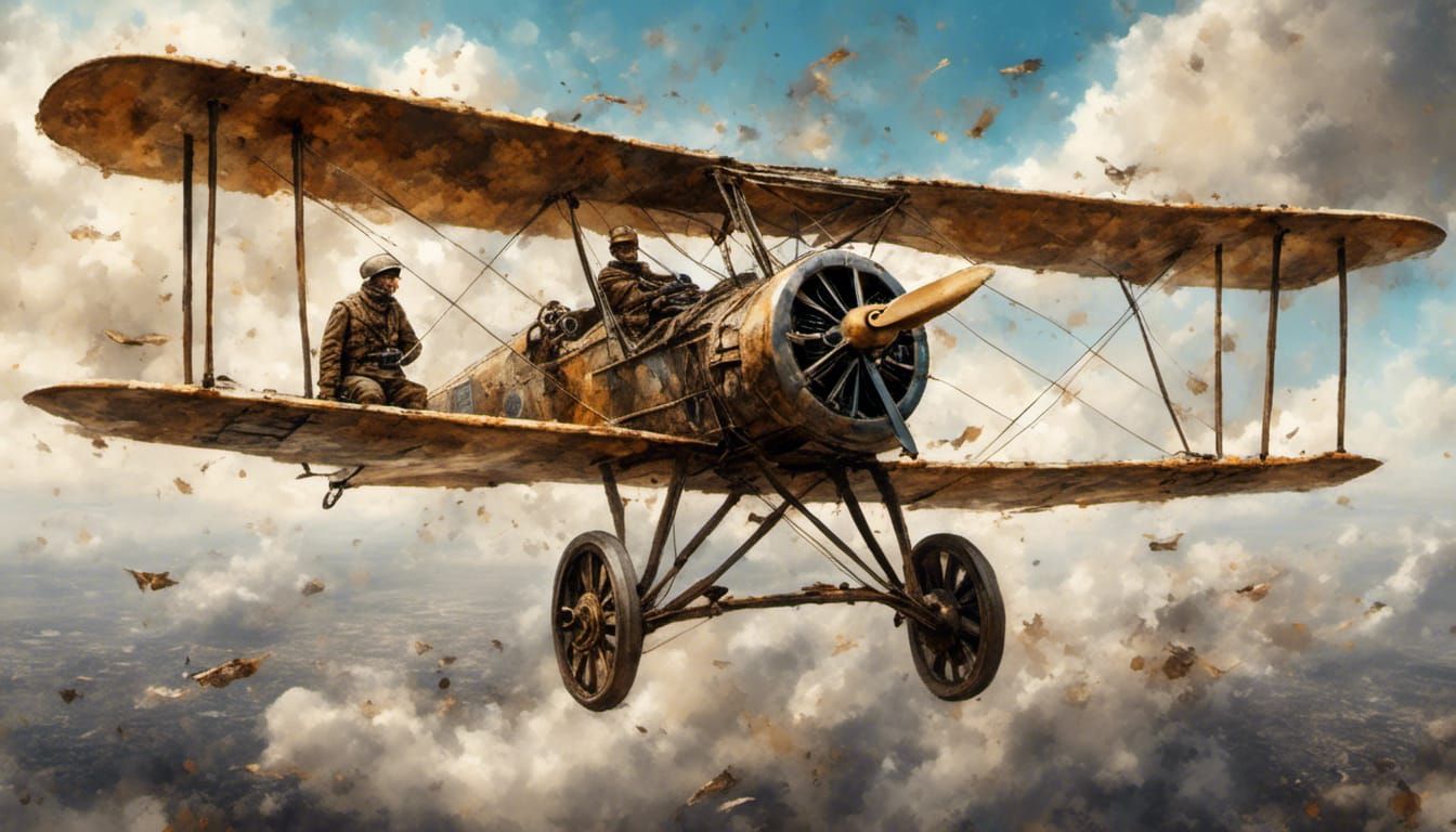 Skeleton Pilot in WWI Biplane Gouache Style