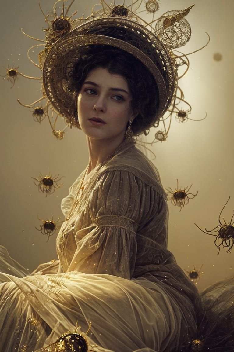 Victorian Lady with Golden Spiders, Hyperrealistic Painting