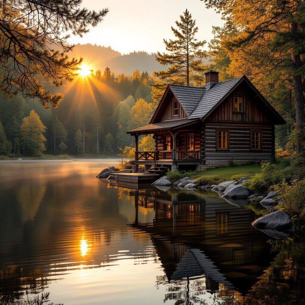 Rustic Cabin by Lake at Golden Hour, Hyperrealistic Photogra...