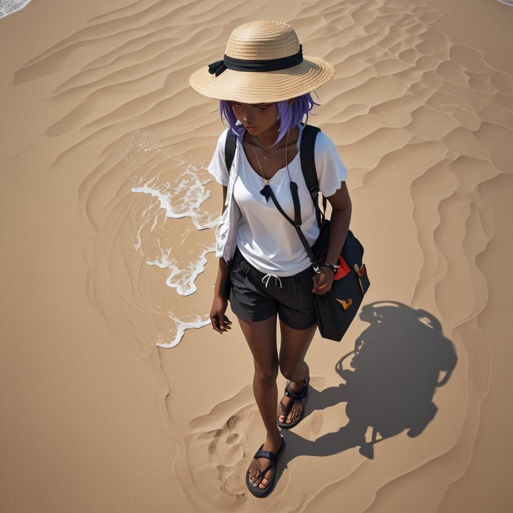 Dark-Skinned Girl at the Beach in 3D Anime Style