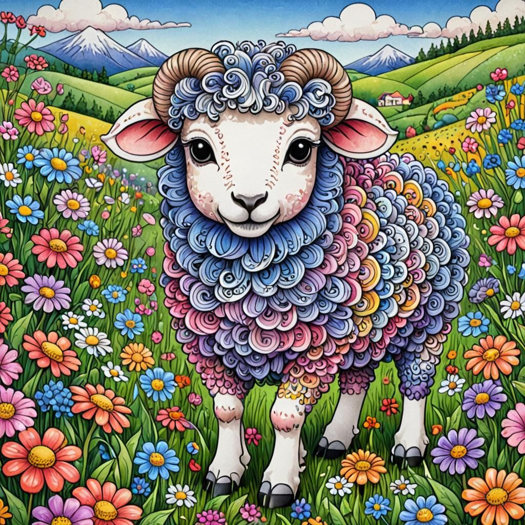 Colorful Zentangle Chibi Sheep in a Flower Field