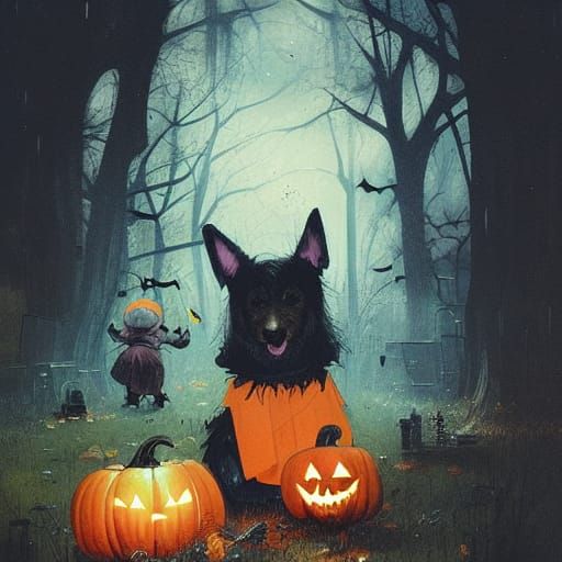 Halloween Dog Trick-or-Treating: Detailed Digital Painting