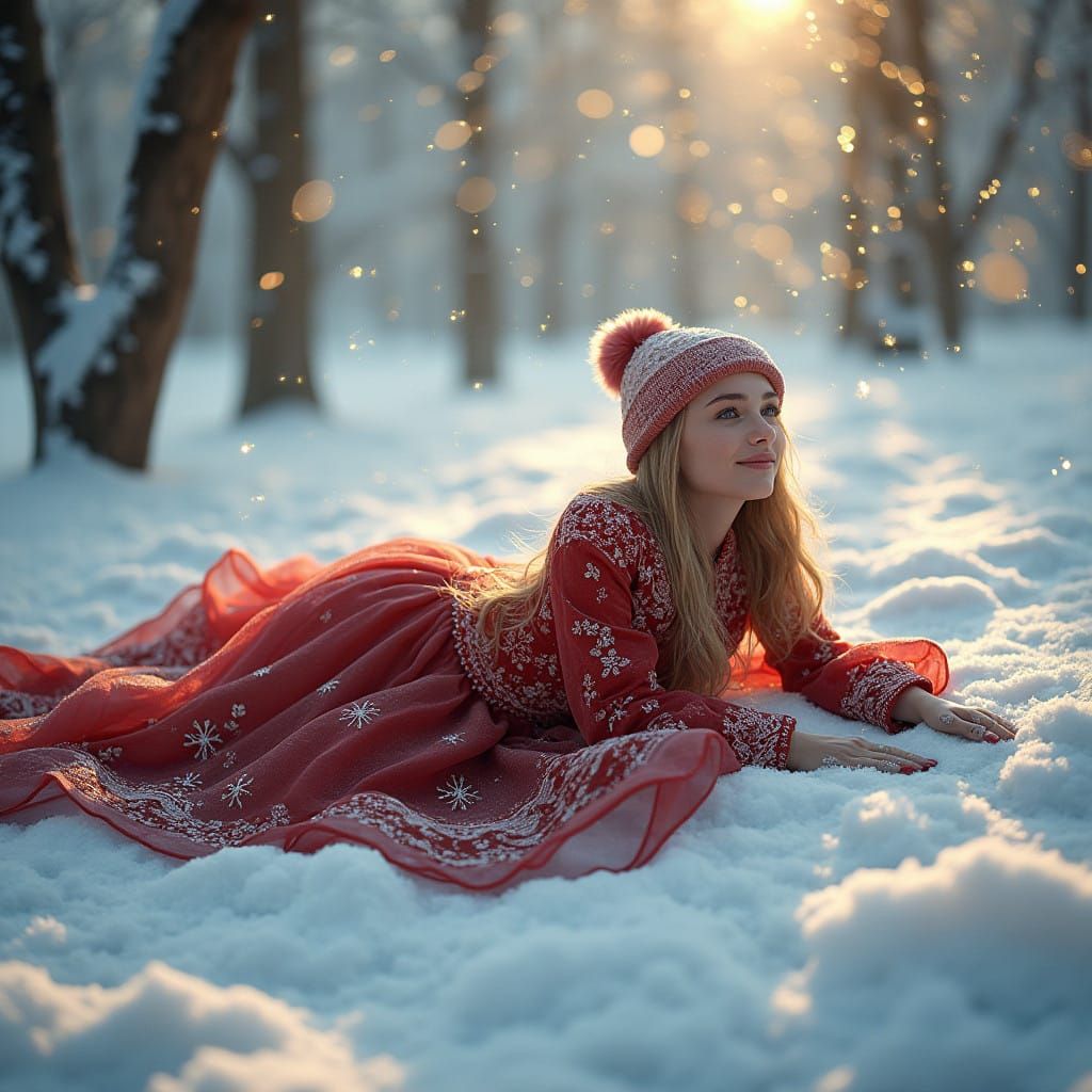 Ethereal Winter Wonderland with Snow Angel in Crimson Coat