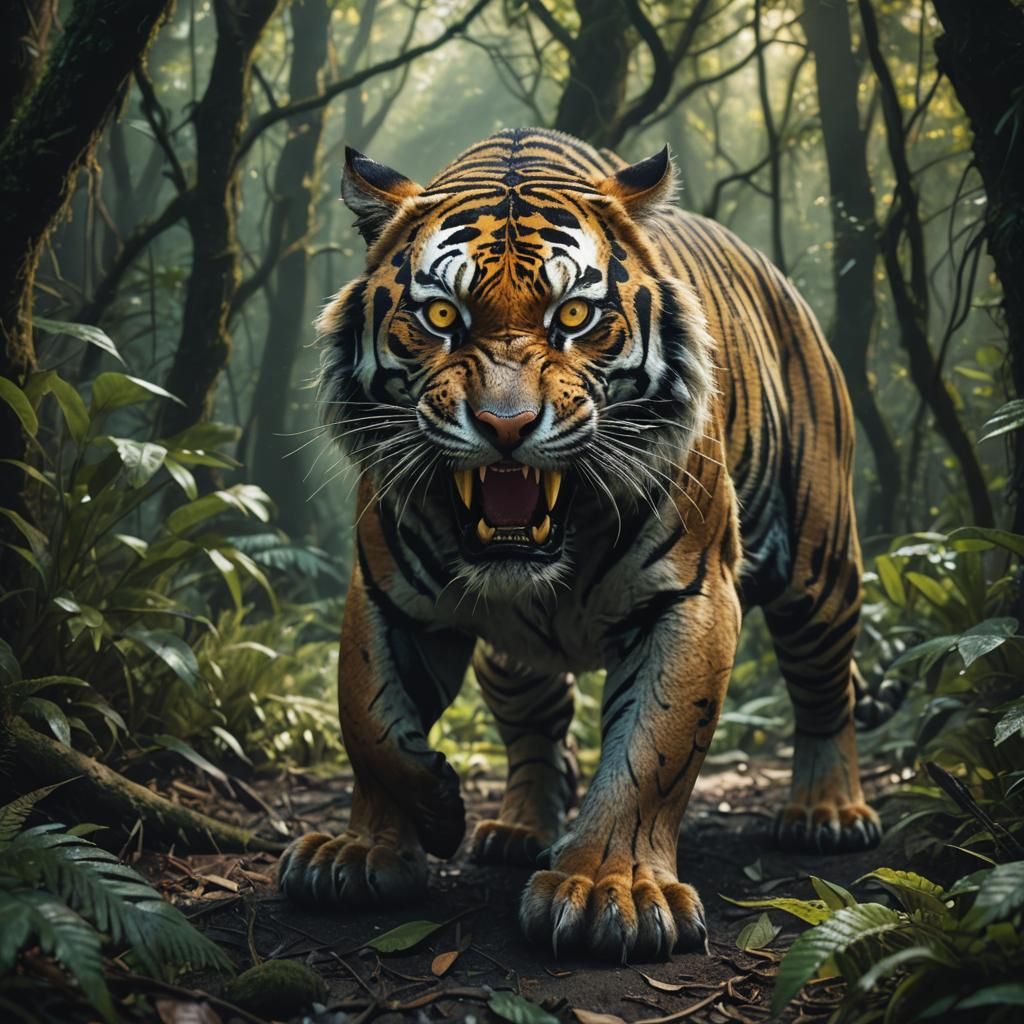 A hyperrealistic photo of a tiger with scaly skin and deadly Komodo dragon venom. The tiger has a greenish-black fur and...