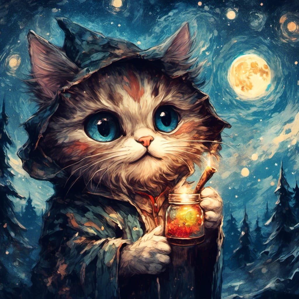 Cartoon Cat Druid in Starry Fantasy Illustration