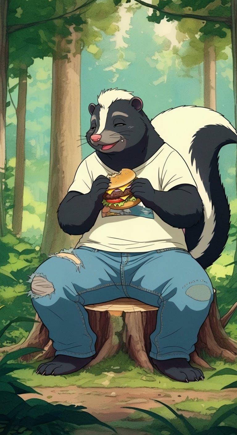 Anthropomorphic Skunk Enjoying a Whimsical Hamburger in a Se...
