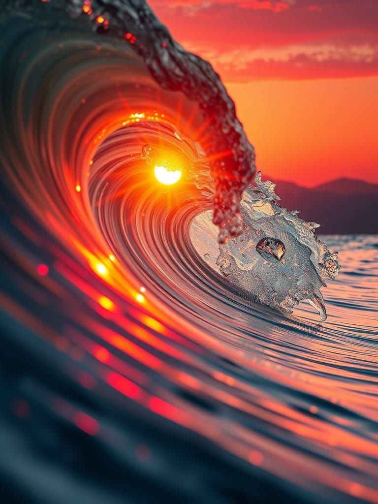 Glassy Wave Cresting at Sunset in Ultra-Realistic Style