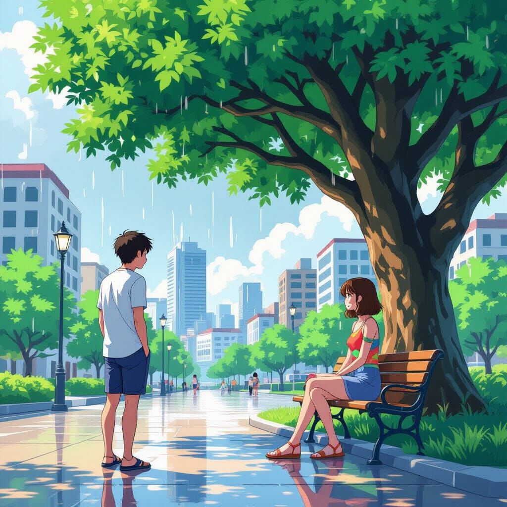 Couple Sheltering from Rain in Manga Style