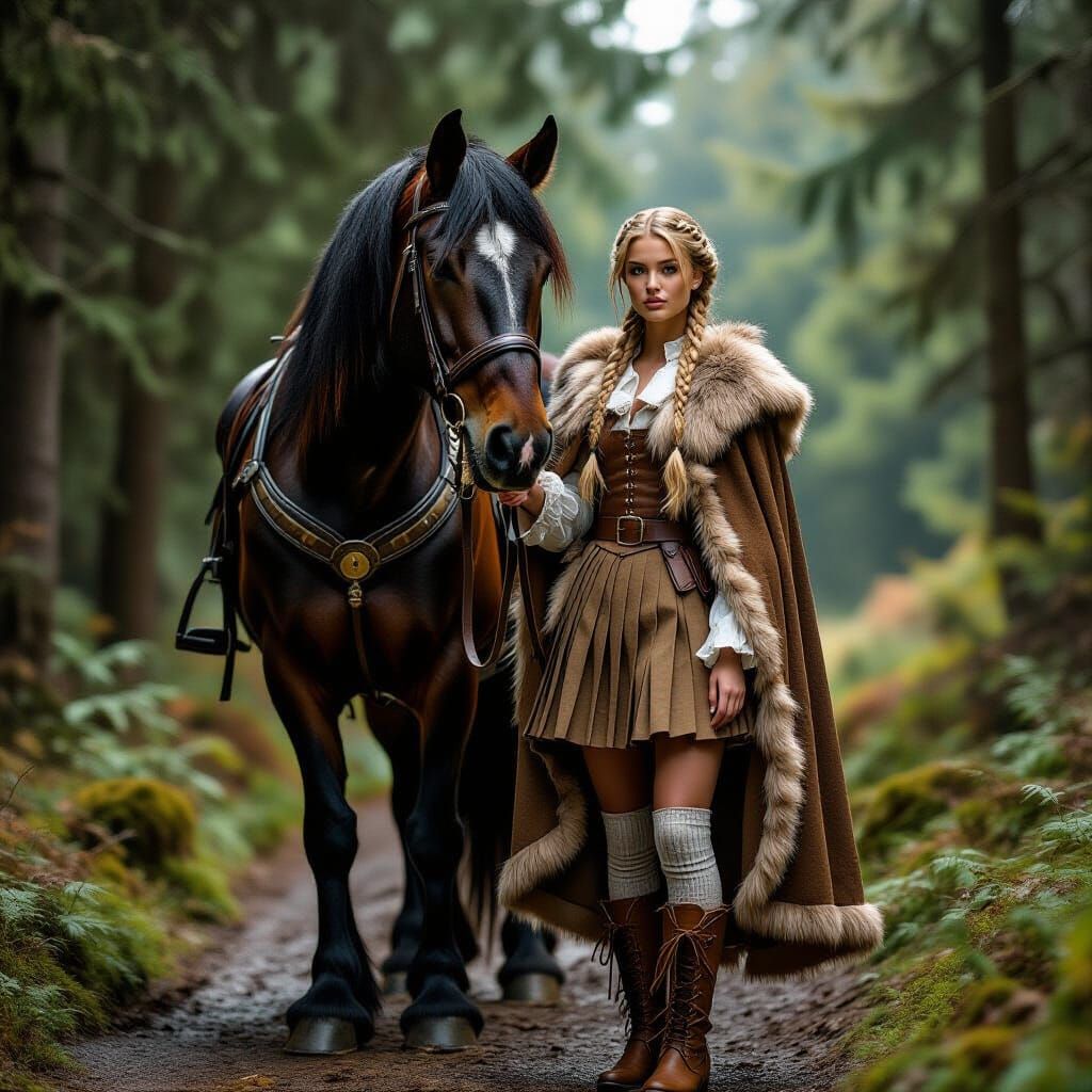 Medieval Woman and Clydesdale Horse Cinematic Film Still