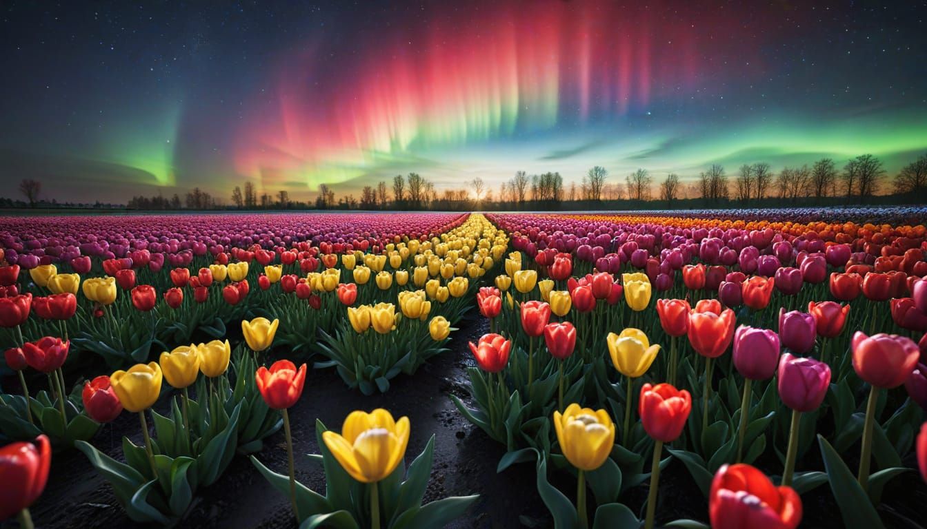 Northern lights over tulips