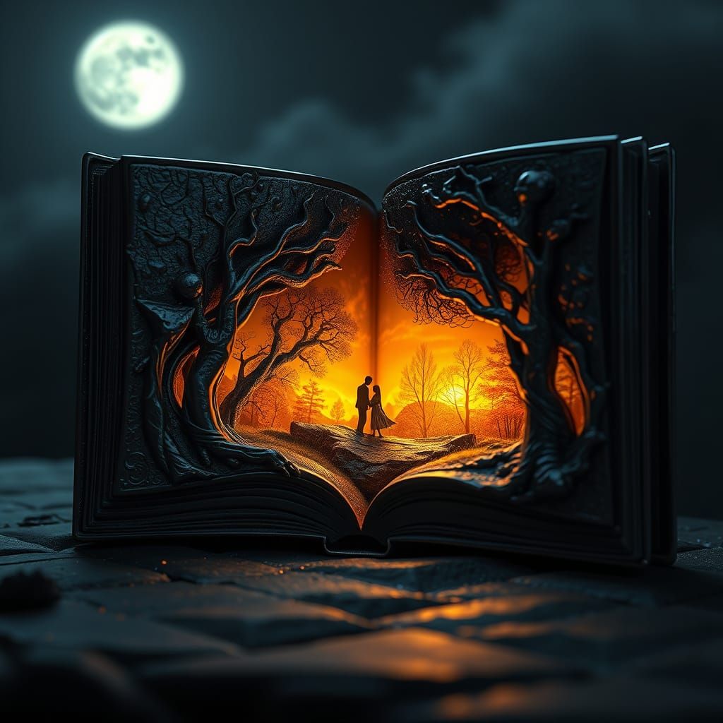 Glowing Autumnal Landscape in Metal Book Sculpture