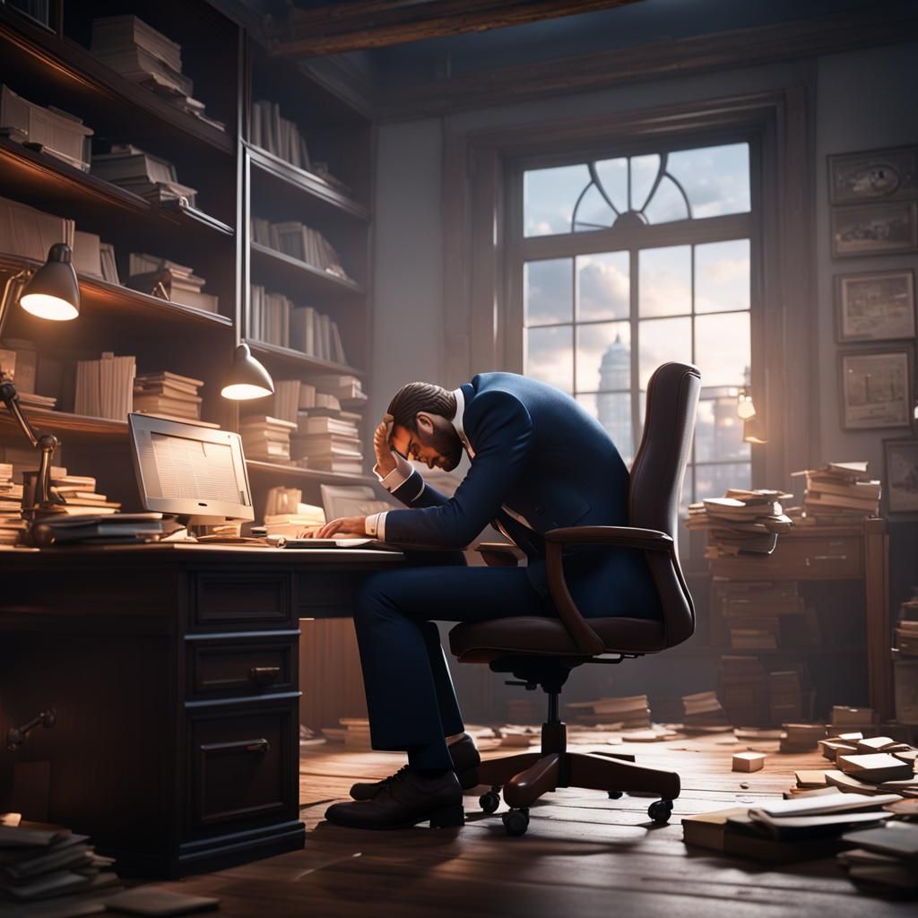 Stressed Business Person Falling Asleep: 3D Render
