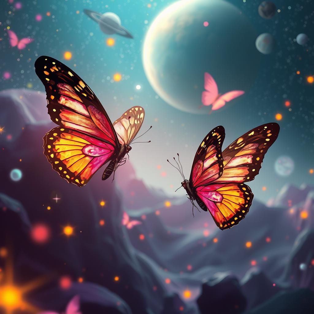 Iridescent Butterflies on Alien Planet in Dark Fantasy Style