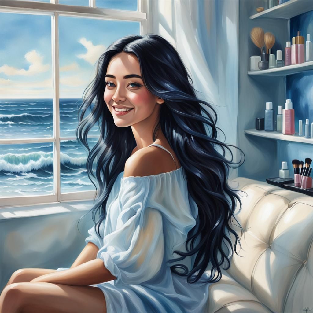 Cheerful Woman in Makeup Room: Soft Water Painting