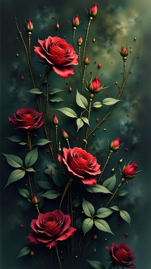 Red Roses Oil Painting on Green Background