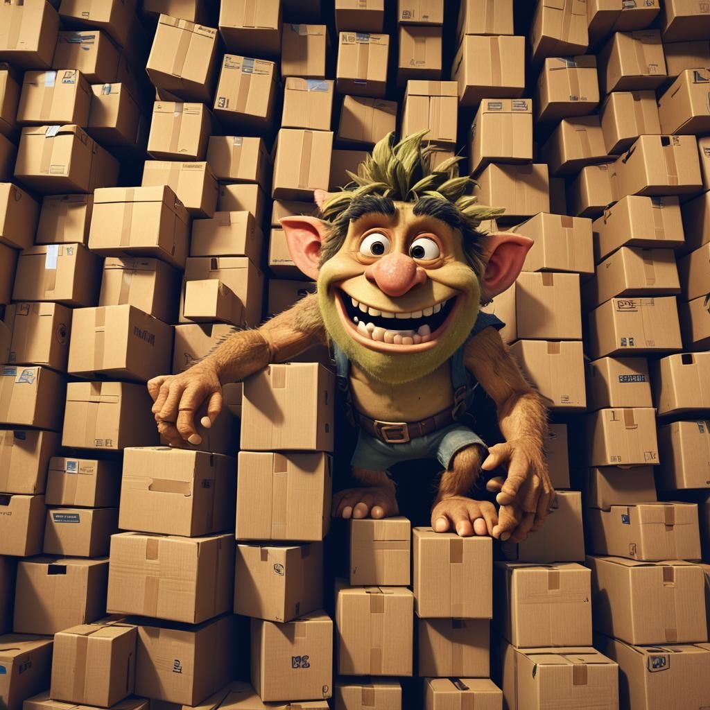 Friendly Box Troll Stacking Boxes in 3D Animation
