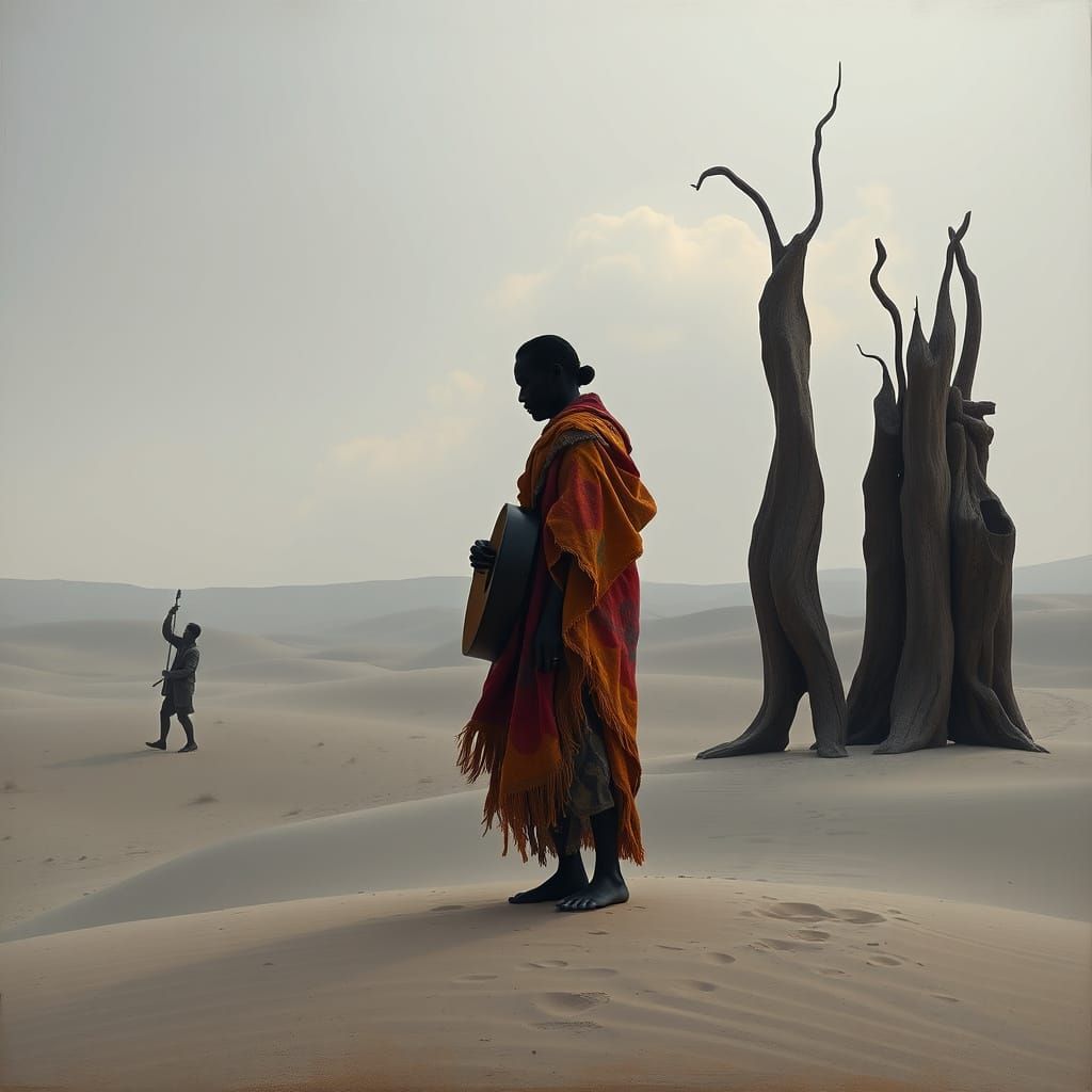 Surreal Desert Musician with Abstract Sculptures