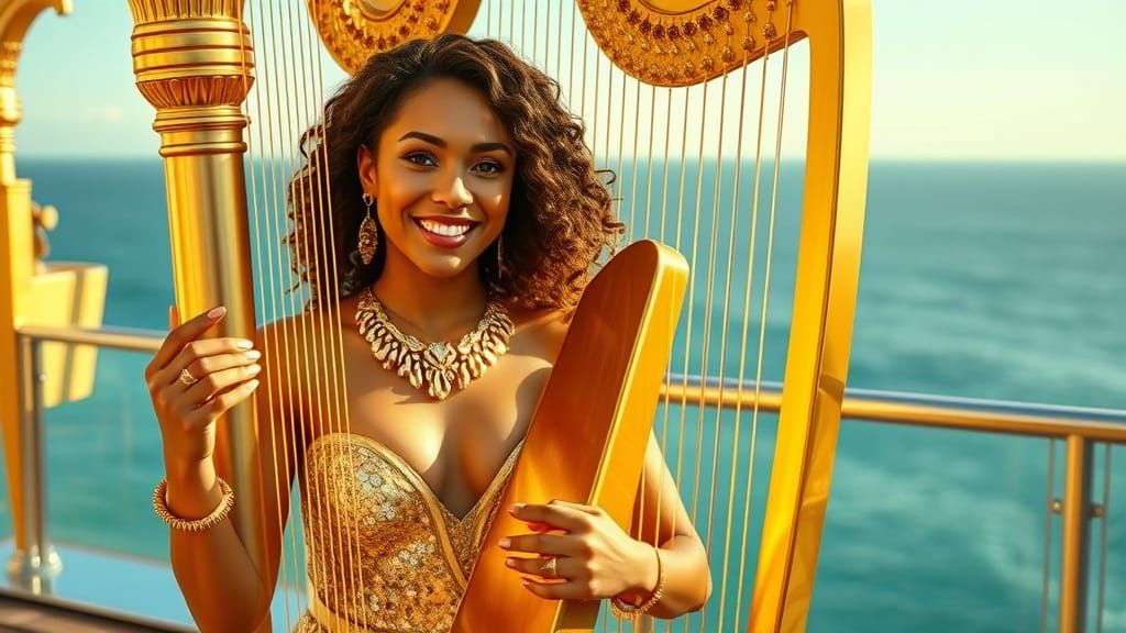 Golden Goddess Plays Harp Under Sunny Skies