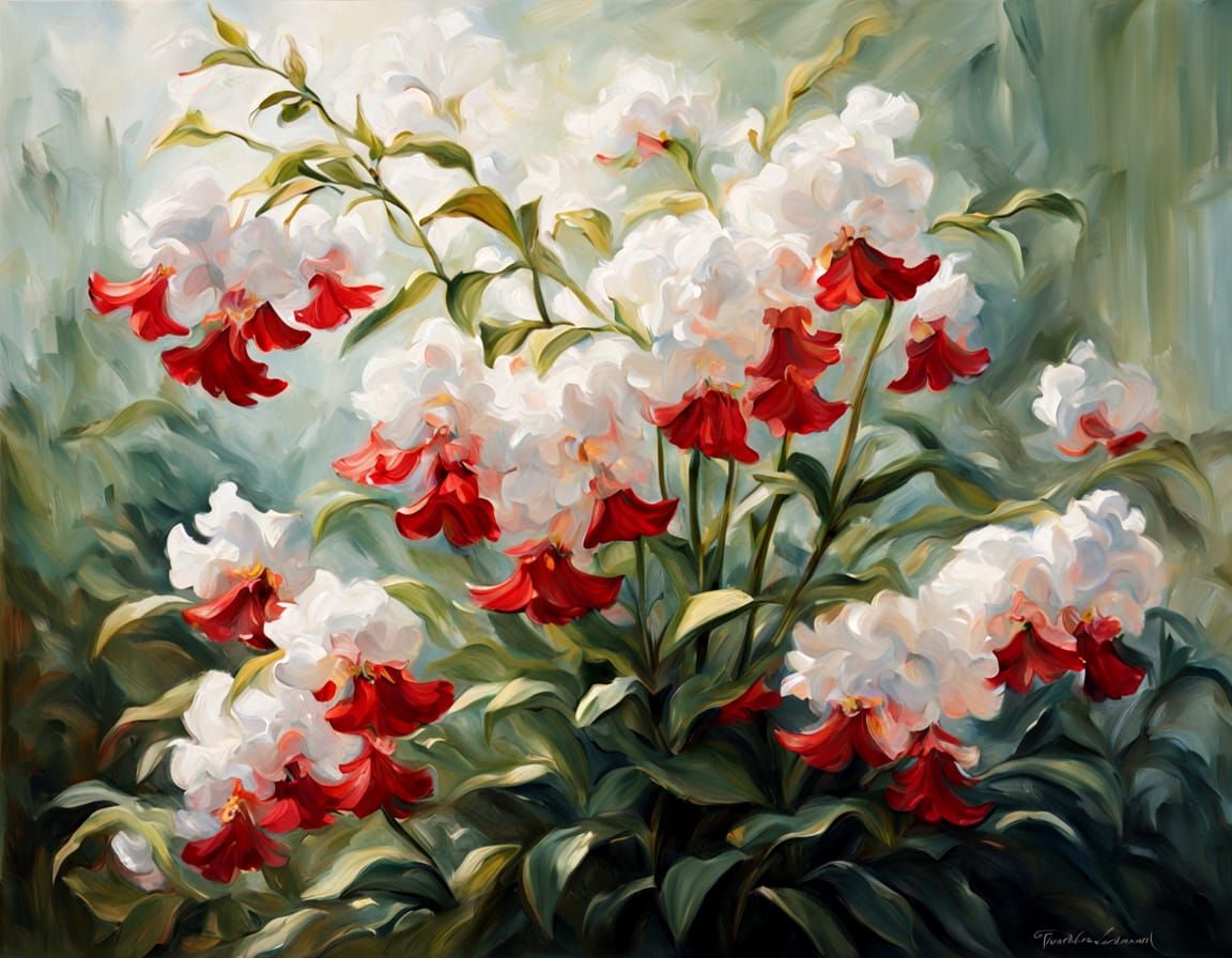Masterpiece Oil Painting of Cascading Crimson Blossoms