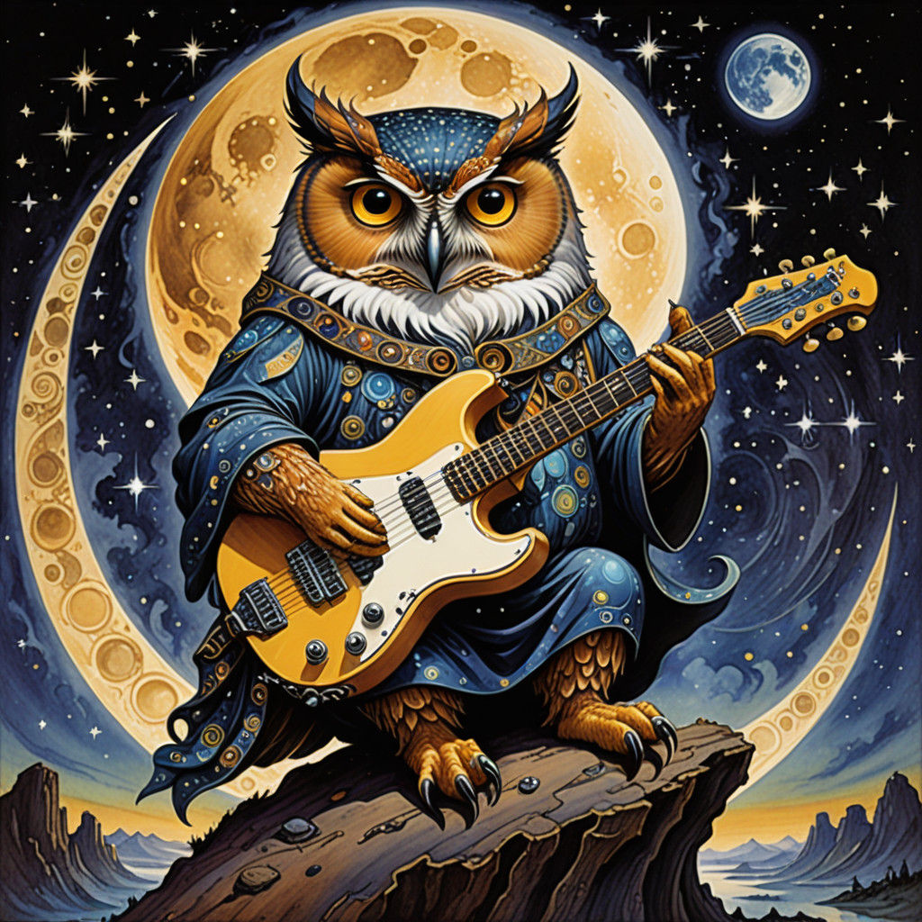 Fat lazy scholarly Wise owl sitting on a whimsical galactic crescent moon strumming his Stratocaster Gustav Klimt Rodney...