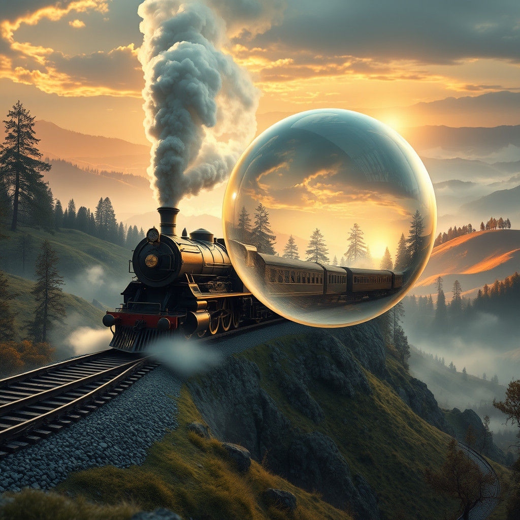 Steam Train in Glass Orb: Ethereal Fantasy Landscape