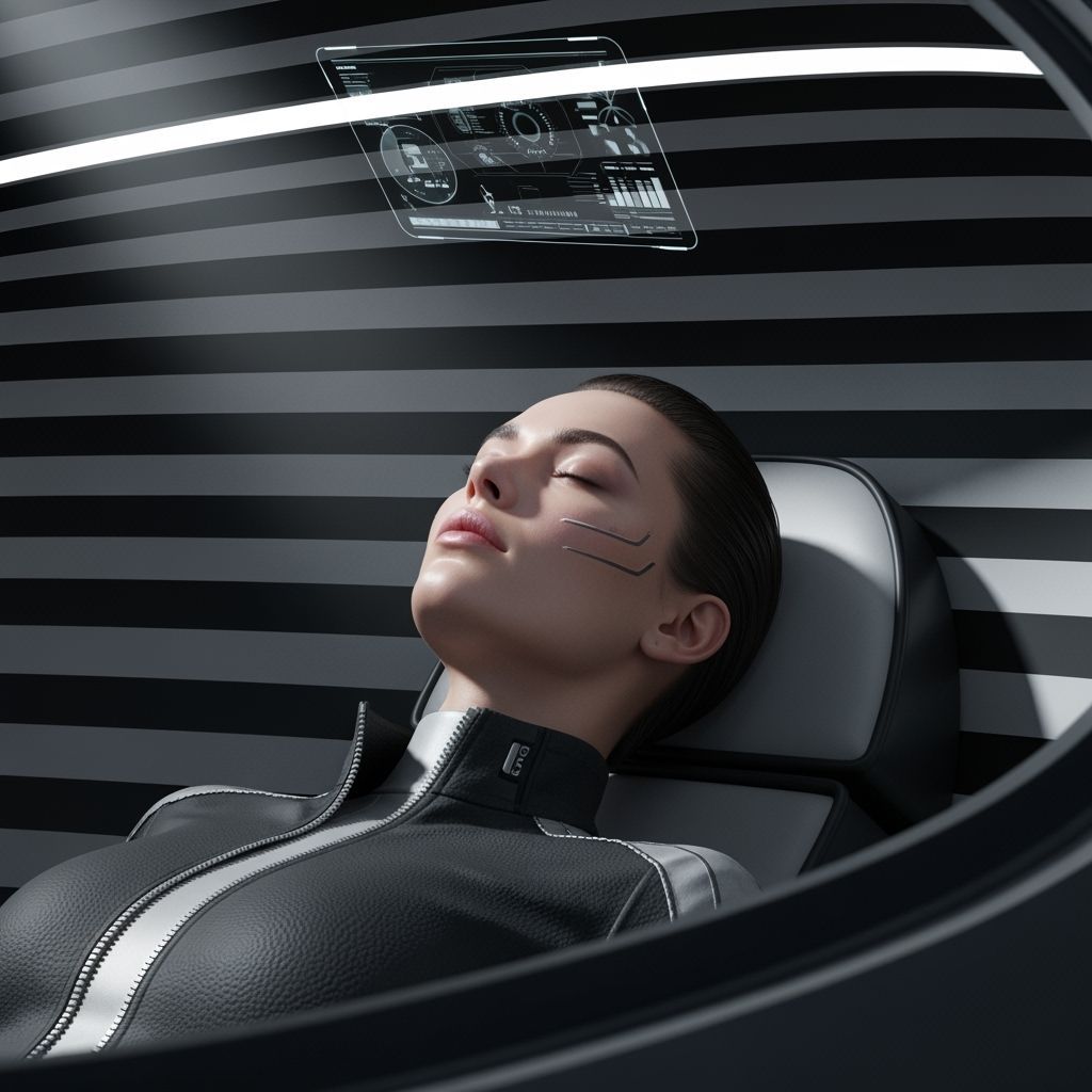 Woman in Cyberpunk Pod with Holographic Interface