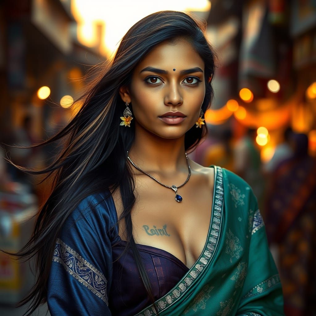 Rajasthani Woman in Silk Sari at Twilight